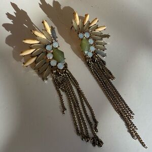 Crystal Feather style fringe earrings gold tone pierced ears